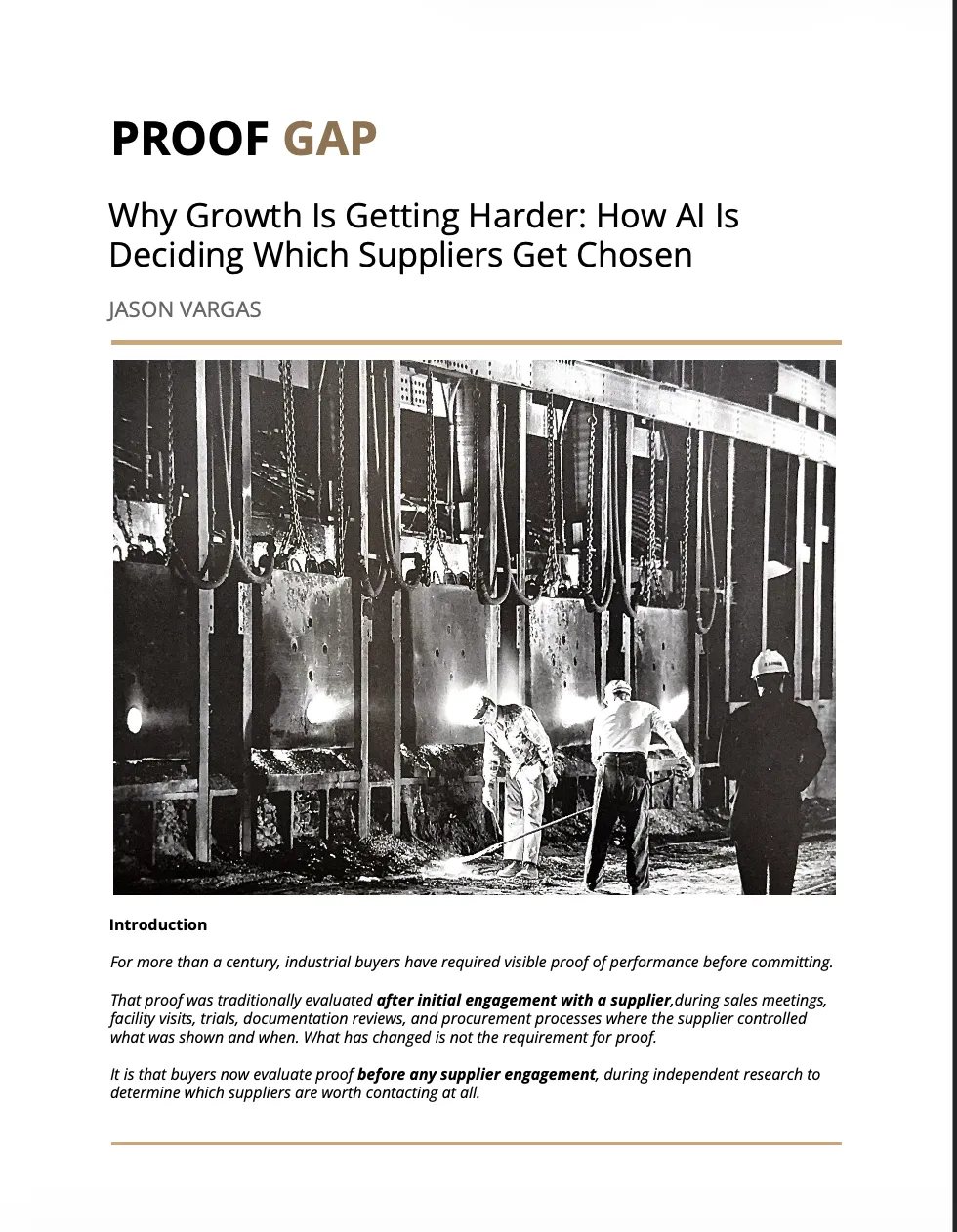 Cover of The Proof Gap by Jason Vargas: Why Growth Is Getting Harder — How AI Is Deciding Which Suppliers Get Chosen